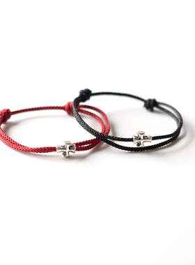 MD原创 简约复古亚光925银十字架E黑色手绳手工可调学生情侣手链