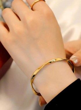 古法金包银莫比乌斯环手镯女简约实心素圈镯子手环波浪纹手链礼物