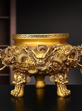 黄铜九龙香炉龙戏珠摆件纯铜三足炉大口径圆底炉家居香炉室装饰品