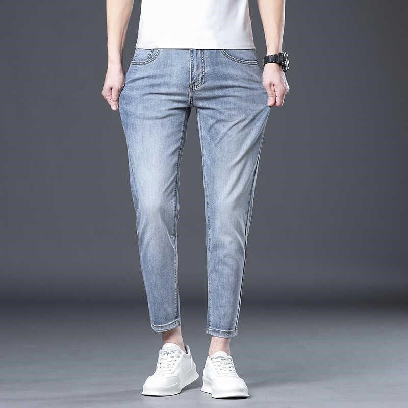 夏季薄款浅蓝色牛仔裤男九分裤修身小脚高端弹力不掉色男裤,淘宝优惠券,粉丝福利购,淘宝优惠卷