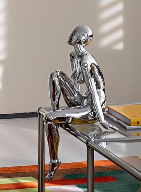 空山基女神雕塑坐姿摆件银色高级感中古客厅电视柜简约现代装饰品