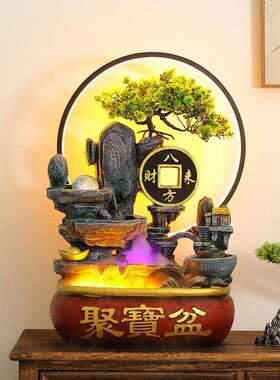聚宝盆循环假山流水喷泉风水轮鱼缸加湿器办公室桌面客厅摆件绢花