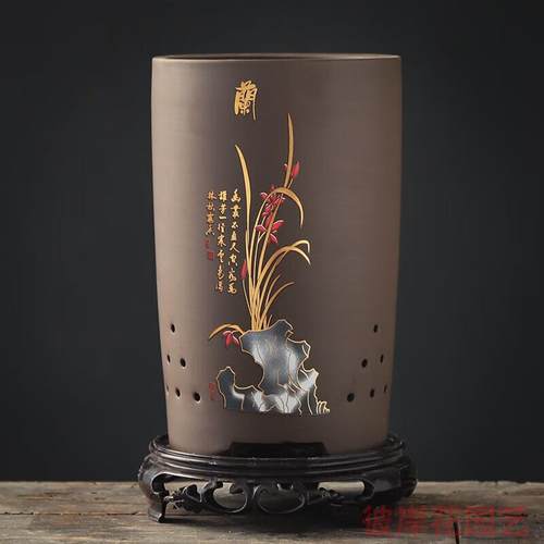 李绅紫砂兰花盆陶瓷圆筒大口径透气吊兰家用兰草君子兰用花盆带托 - 图0