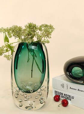 轻奢蓝色透明水晶琉璃底部气泡玻璃花瓶摆件创意客厅插花软装花器