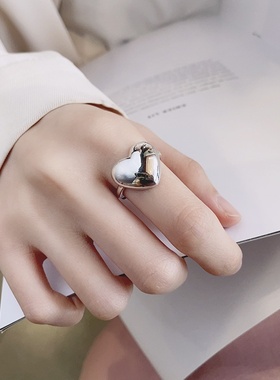 锦河畔 s925纯银韩版潮流小清新大爱心立体怦怦造型百搭开口戒指
