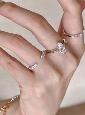 Young博主同款m极简主义三合一叠戴戒指璀璨超闪马眼锆石开口女戒