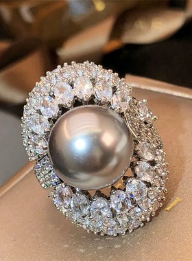 大溪地色珍珠戒指j大颗食指戒高级感个性气质锆石轻奢2024年新款