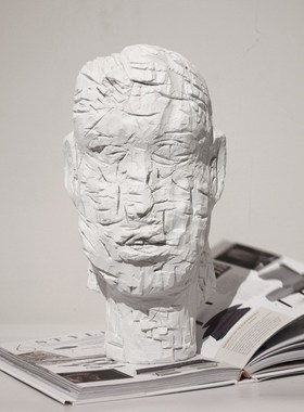 现代简约白色人头裂纹效果画室卧室工作室橱窗展品艺术摆件样板房