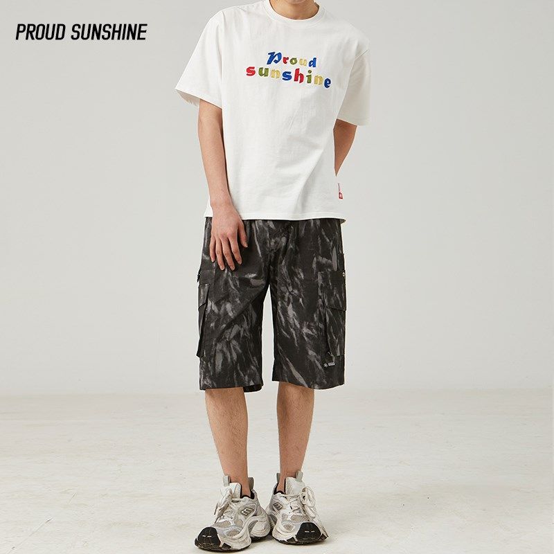 夏季潮男扎染宽松纯棉工装七分裤黑色阔腿多口袋运动休闲美式短裤,淘宝优惠券,粉丝福利购,淘宝优惠卷