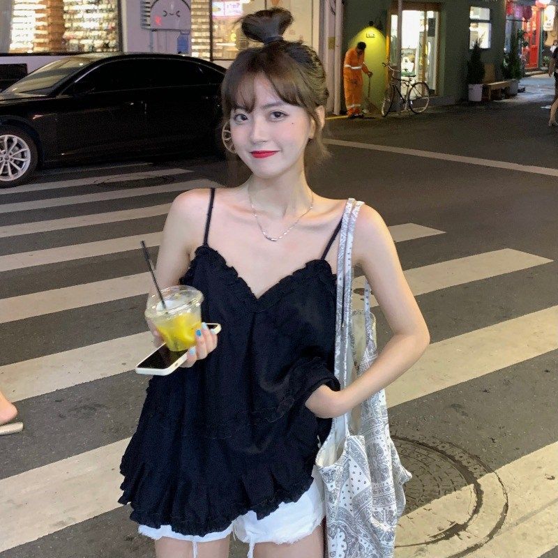 小清新甜美白色吊带背心女小个子外穿春夏季宽松木耳边娃娃衫上衣,淘宝优惠券,粉丝福利购,淘宝优惠卷