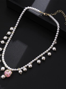 法式温柔优雅气质镶钻花朵仿珍珠锁骨项链甜美琉璃小众高级项饰女