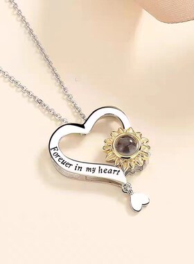 925银投影爱心项链100种语言我爱你清新甜美轻奢小众时尚百搭锁骨