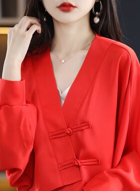 丝绸缎面2024春季新款女士披肩中国风盘扣短款开衫防晒空调衫外套
