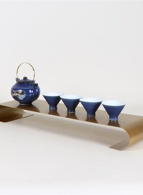 新中式禅意陶瓷蓝色提梁壶茶具套装摆件茶室售楼处展厅大堂装饰品