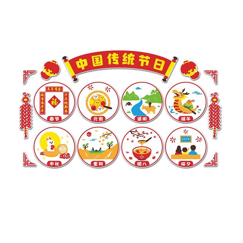 幼儿园墙面装饰成品中国传统节日文化墙贴走廊环创主题墙教室布置,淘宝优惠券,粉丝福利购,淘宝优惠卷