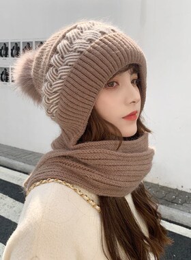 毛线帽子女冬季加绒帽子围巾一体加厚包头百搭保暖防风护耳针织帽
