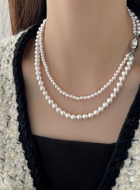 双层秋冬灰色珍珠项链2023新款爆款新款女毛衣小众毛衣链配饰颈链