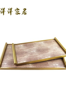 简约现代轻奢编制大理石革长方形托盘摆件北欧样板房间客厅卧室收
