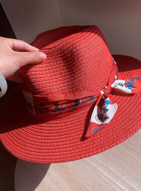 大红色帽子女夏遮阳帽女防晒洋气小马英伦时尚礼帽百搭太阳帽草帽