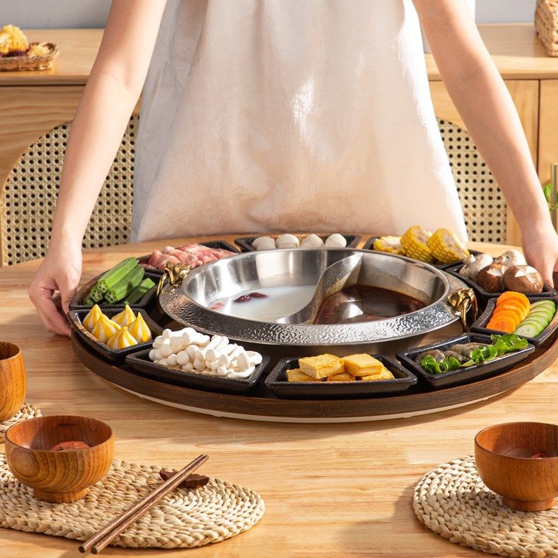 日式火锅呼啦圈 韩国日式烤肉 可旋转 竹木大号圆盘 围炉餐具套装,淘宝优惠券,粉丝福利购,淘宝优惠卷