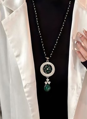 时尚简约水晶项链新款毛衣链长款女花朵吊坠百搭高级感衣服配饰品