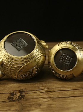 黄铜茶壶招财摆件家居装饰品客厅房间餐厅玄关中式酒柜桌面摆设小