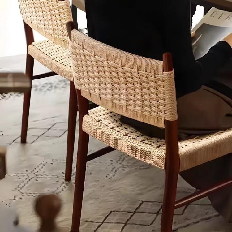 北欧原木餐椅简约手工绳编靠背椅家用书房卧室实木椅子餐厅麦田椅 - 图1