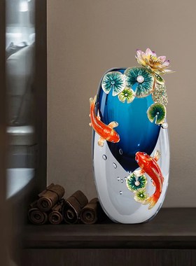 高端珐琅彩d鱼琉璃花瓶摆件高档客厅新中式轻奢酒柜装饰品家居饰