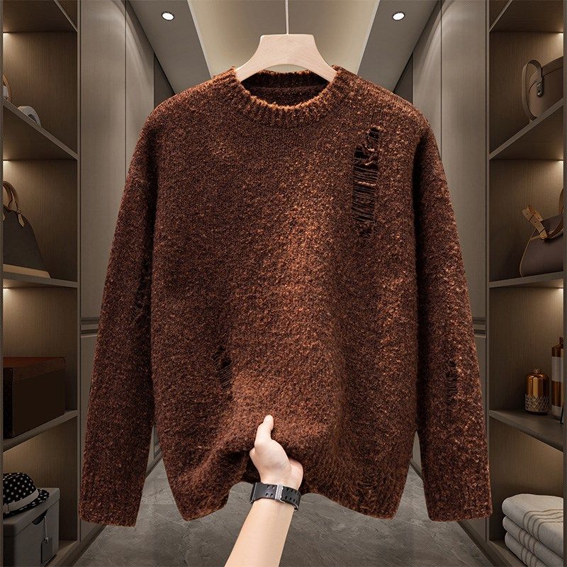 冬季毛衣男士破洞针织衫青年韩版宽松2024新款套头线衣打底衫潮流,淘宝优惠券,粉丝福利购,淘宝优惠卷