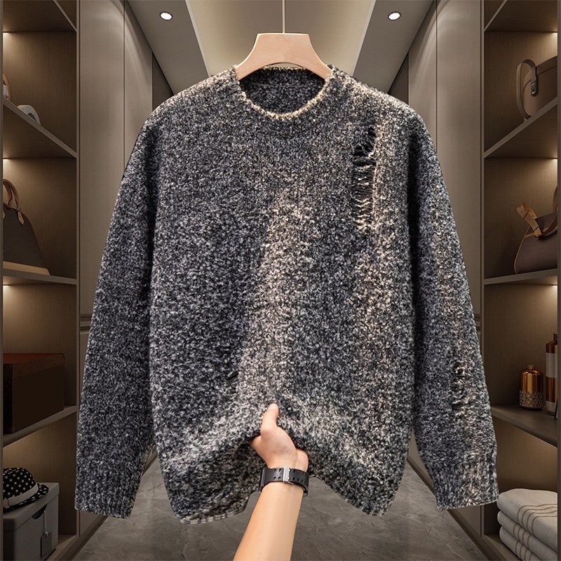 冬季毛衣男士破洞针织衫青年韩版宽松2024新款套头线衣打底衫潮流,淘宝优惠券,粉丝福利购,淘宝优惠卷