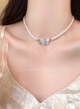 蓝色水晶蝴蝶珍珠项链女清冷感choker颈链轻奢小众精致高级感配饰