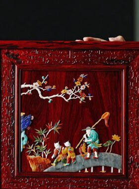 翁子屏田园家居室童宝小叶紫檀饰品商务办公台渔光屏风乐百插镶嵌