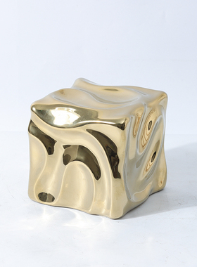 现代法式轻奢方体褶皱冰块金银色陶瓷摆件家居P样板房会所酒店饰