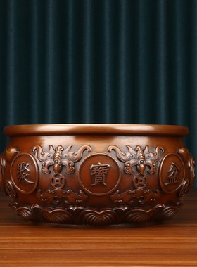 实心紫铜聚宝盆摆件铜工艺品客厅玄关书柜办公桌S博古架家居装饰