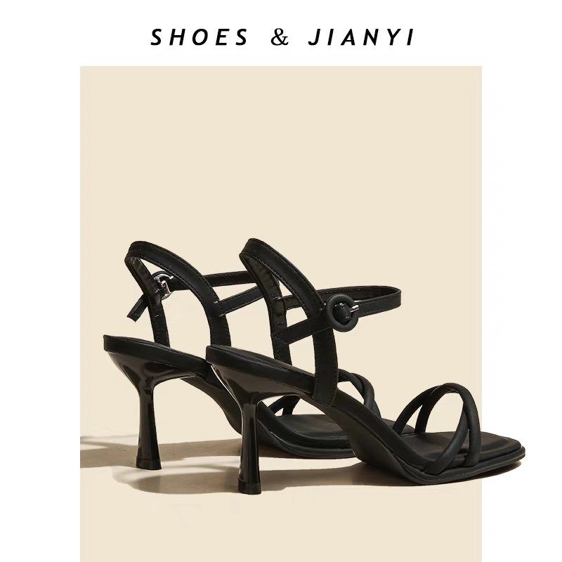 法式小众简约风黑色高跟凉鞋女夏2025新款交叉一字绑带细跟高跟鞋,淘宝优惠券,粉丝福利购,淘宝优惠卷