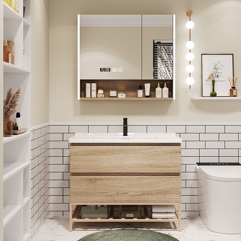原木风陶瓷一体智能浴室柜镜柜组合卫生间落地式卫浴柜洗脸洗手盆,淘宝优惠券,粉丝福利购,淘宝优惠卷