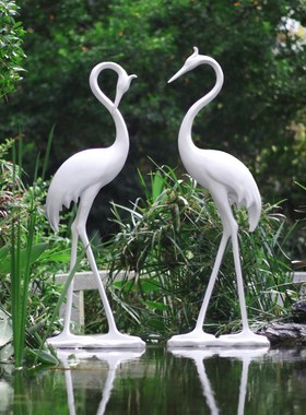 中式仙鹤户外园林水池假山装饰雕塑园林景观造景玻璃钢鸟模型摆件