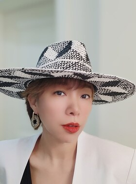 日系法式优雅黑白色编织宽檐平顶礼帽男女夏天遮阳防晒沙滩大草帽