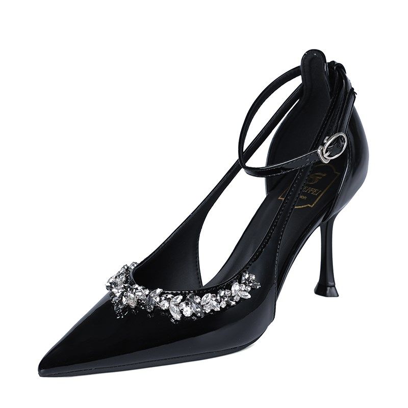 气质尖头水钻黑色职业高跟鞋女细跟2025夏季新款百搭浅口中跟单鞋,淘宝优惠券,粉丝福利购,淘宝优惠卷