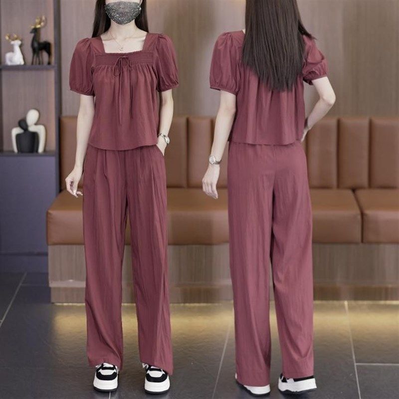 2025夏季新款方领阔腿裤套装小个子时尚洋气减龄雪纺宽松两件套女,淘宝优惠券,粉丝福利购,淘宝优惠卷