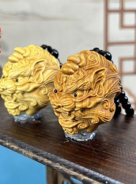 黄杨木雕貔貅头招财吊坠手把件
