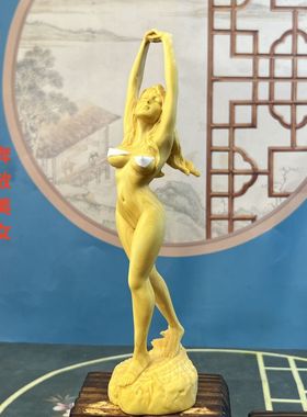 黄杨木雕刻初恋美女摆件客厅