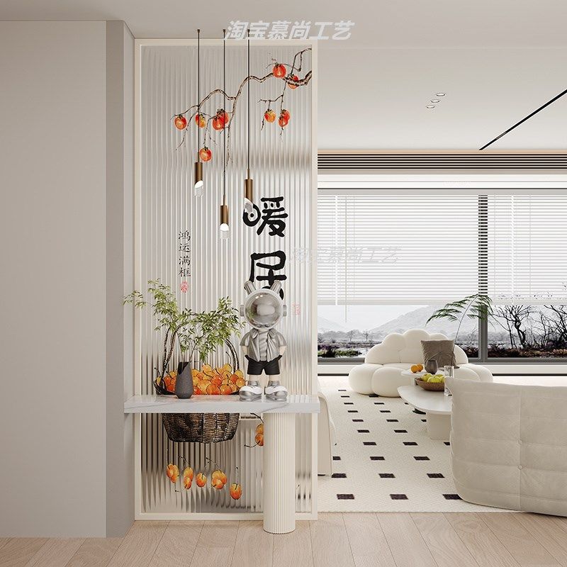 奶油风轻奢高级感玄关柜入户正对门玻璃屏风隔断客厅X简约装饰遮 - 图2
