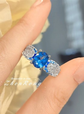 新款鹅蛋形伦敦蓝锆石渐变蓝尖晶戒指气质小众设计百搭简约复古女