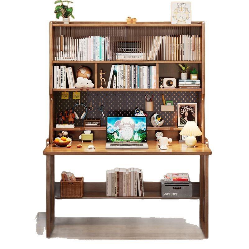 实木书桌书架一体卧室床边带洞洞板学习桌可折叠置物办公电脑桌子 - 图3