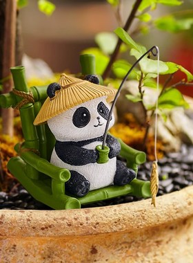 鱼缸造景熊猫钓鱼小摆q件乌龟缸边缘水缸水族箱假山流水花园装饰