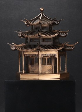 中式三层八角塔古建筑木模型古代木质拼装建筑成品古铜色模型摆件