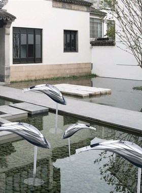 不锈钢镜面切片鱼雕塑小区户外公园水池售楼部园林景观装饰摆件