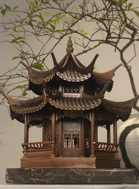 中国古建筑木模型中式古代木质拼装建筑成品古铜色模型摆件