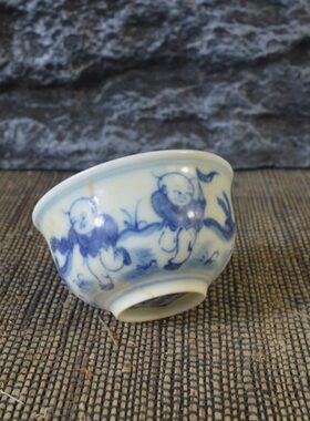 仿古瓷器 复古做旧明成化 斗彩人物纹品茗杯 古董古玩收藏品摆件